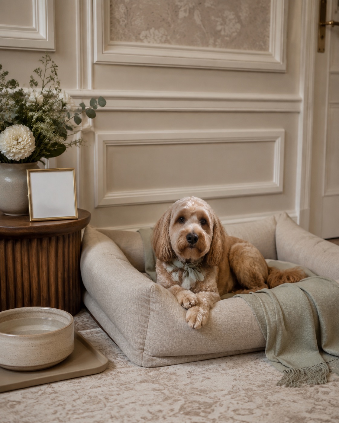A calm dog relaxing in an elegant private wedding retreat